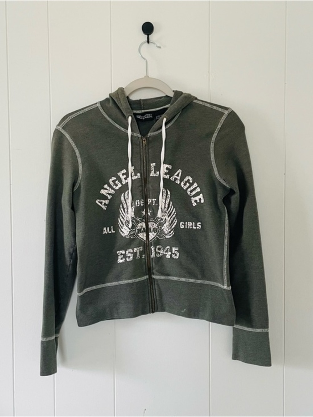 No Boundaries Olive Green Stretch Zip Hoodie with Contrast Trim